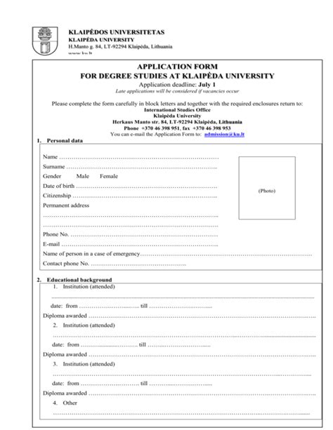 Application Form - Klaipėdos universitetas