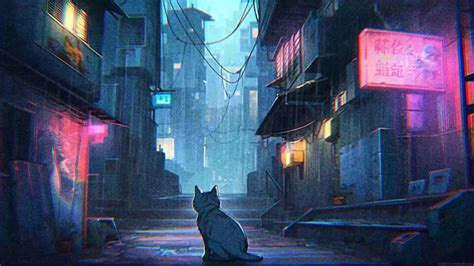 Lonely Cat Street Alley Rainy Night Live Wallpaper - MoeWalls