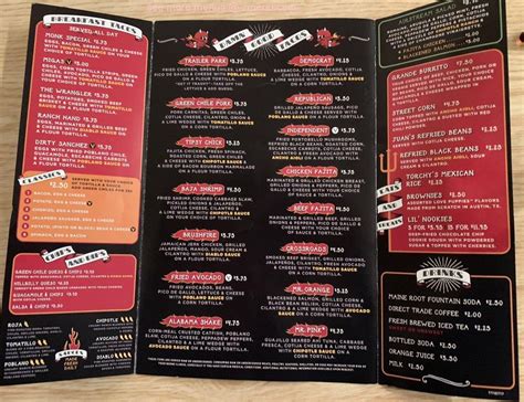 Menu at Torchy's Tacos restaurant, Richardson