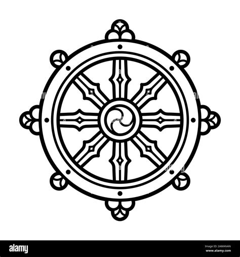 Dharmachakra (Dharma Wheel) symbol in Buddhism. Black and white line ...