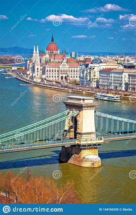 Budapest Danube River Waterfront Chain Bridge and Parliament Building ...