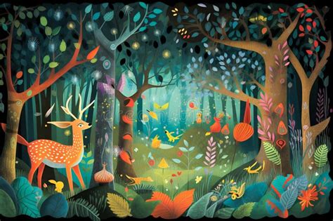 Whimsical Illustration of a Magical Forest, Filled with Vibrant Colors ...