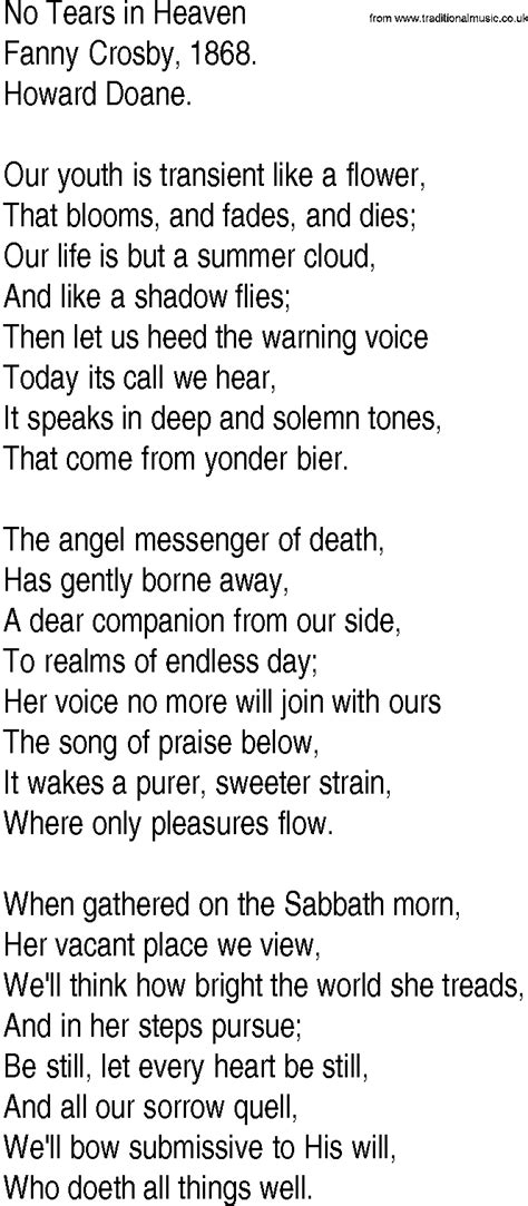 Hymn and Gospel Song Lyrics for No Tears in Heaven by Fanny Crosby