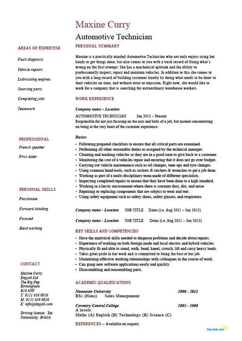 Automotive technician resume, vehicles, template, example, electronic diagnosis, jobs