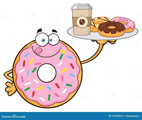 Donut Cartoon Mascot Character with Sprinkles Serving Coffee and Donuts. Stock Vector ...