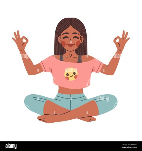 Young black woman sitting in yoga lotus pose. Meditating girl illustration. Yoga woman ...