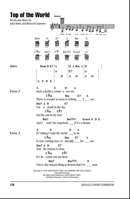 Top Of The World - Ukulele Chords/Lyrics | zZounds