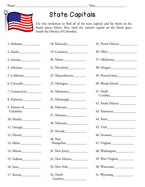 50 States And Capitals List For Kids