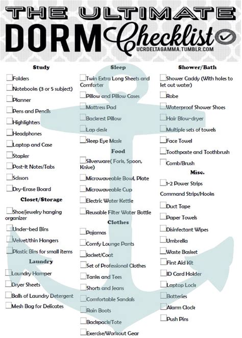 Printable College Freshman Dorm Checklist