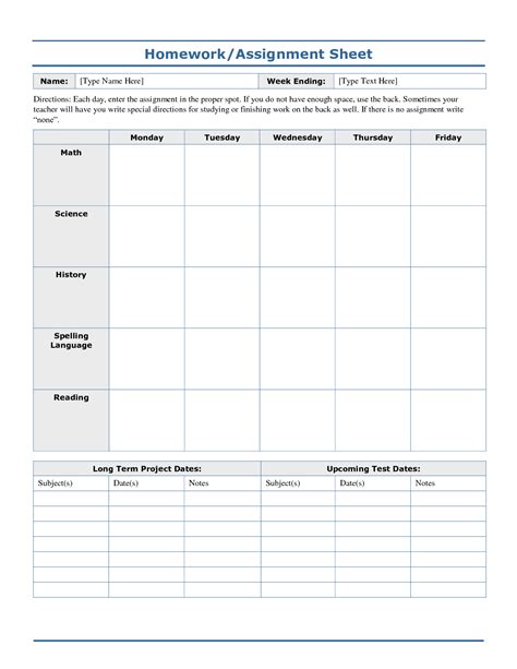 Weekly+Homework+Assignment+Sheet+Template | Homework template, Homework ...