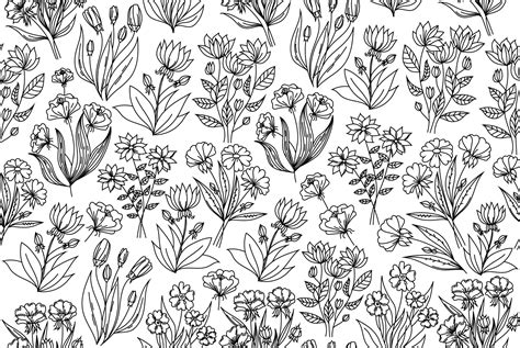 Floral seamless pattern, repeating line art flowers. Outline drawn flowers. Floral repeating ...