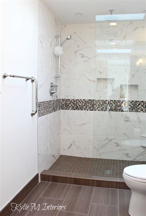 walk in shower bathroom, fake marble porcelain tile surround with pink and brown mosaic tile and ...