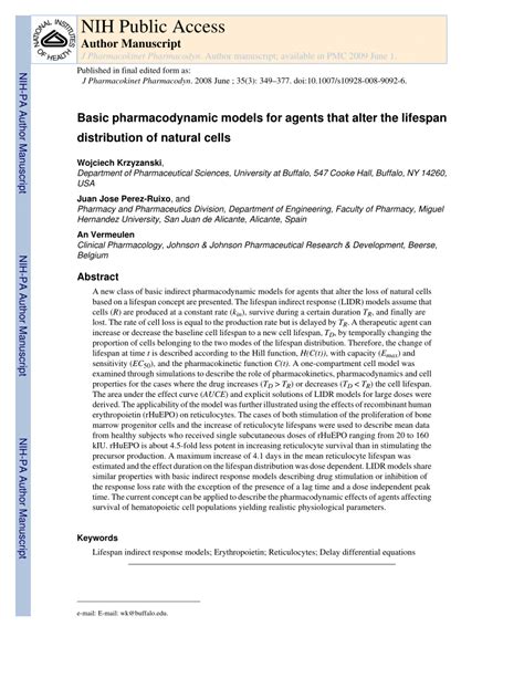 (PDF) Basic pharmacodynamic models for agents that alter the lifespan ...