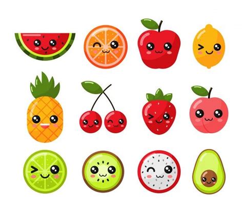 Ensemble De Style De Dessin Animé De Fruits Tropicaux Kawaii. Isolé | Fruit cartoon, Fruits ...