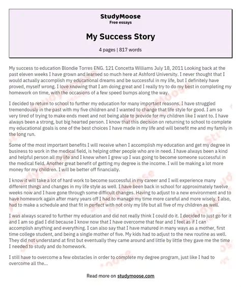 My Success Story Free Essay Example