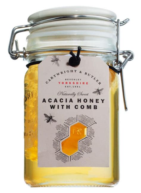 Acacia Honey with Comb, acacia honey with beeswax honeycomb, cartwright and butler, 300 g, Glass