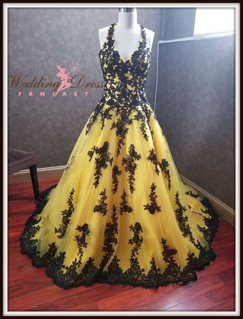 Stunning Yellow and Black Wedding Dress With Yellow Tulle and Black Lace in Halter Style Top - Etsy