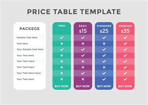 Colorful comparison pricing template. Pricing or subscription plan pricing chart. Price chart ...