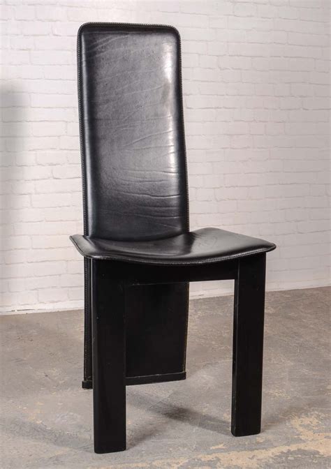 Italian Design Black Sadle Leather High Back Dining Chairs, 1970s | #68002