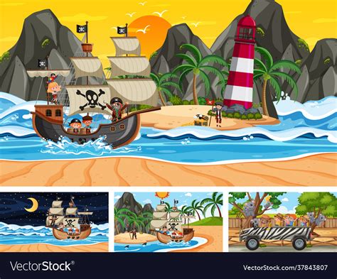 Set different scenes with pirate ship Royalty Free Vector