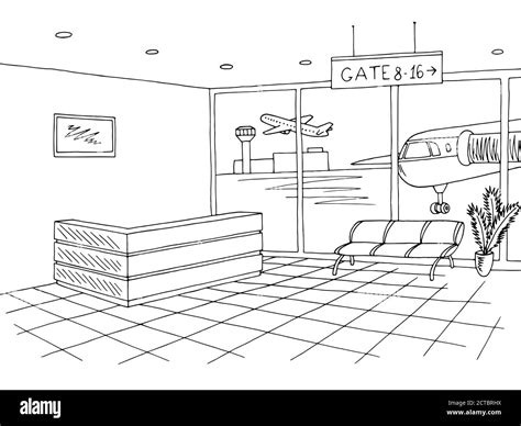 Airport black white interior graphic art sketch illustration vector ...