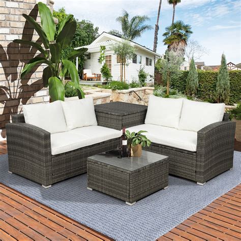 Red Barrel Studio® 4-Piece Outdoor Patio Furniture Set Rattan Wicker Sectional Sofa Loveseat ...