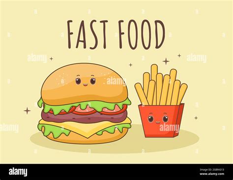 Cute Burger, French Fries and Cola Fast Food Background Vector Illustration With Refreshing ...