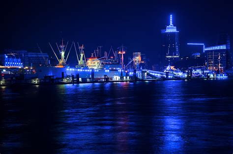 Hamburg Port at Night, water, germany, buildings, river, lights, HD ...