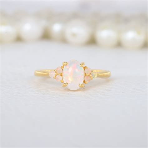 Oval Shape White Opal Ring 10K Solid Gold Engagement Ring Opal Cluster Bridal Ring October ...