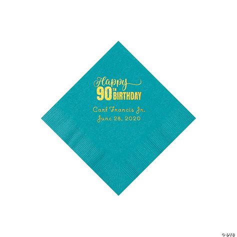 Turquoise 90th Birthday Personalized Napkins with Gold Foil - Beverage ...