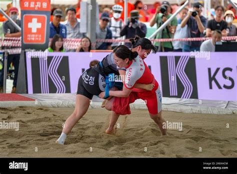 Gangneung, South Korea - June 20, 2023: Ssireum or Korean wrestling at the Gangneung Danoje ...