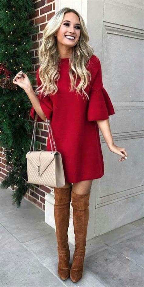 Short red dress, long camel boots, vestido rojo corto, botas largas camel | Christmas outfits ...