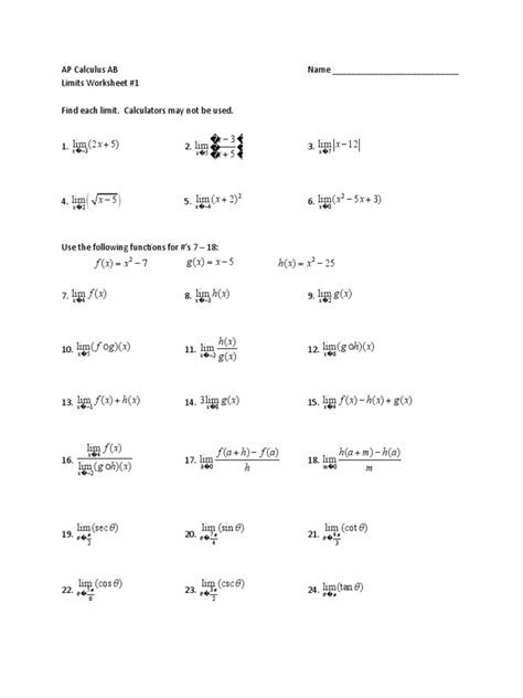 Limits Worksheet 1 | PDF | Mathematical Analysis | Calculus