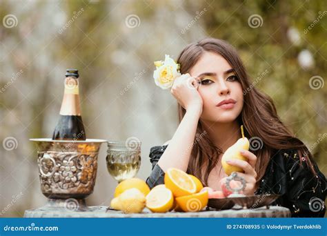 Portrait of Beautiful Woman in Garden Eating Tropical Fruit, Summer ...