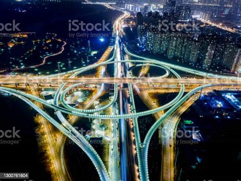 Aerial View Of City Overpass Traffic At Night Stock Photo - Download ...