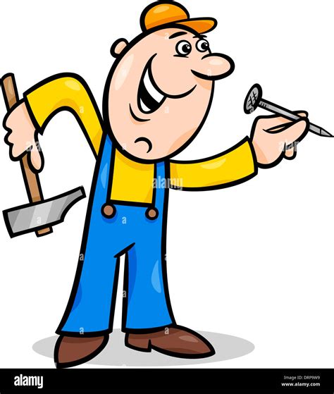 Cartoon Illustration of Worker with Hammer and Nail doing Renovation ...