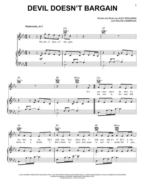 Devil Doesn't Bargain by Alec Benjamin Sheet Music for Piano, Vocal & Guitar Chords (Right-Hand ...