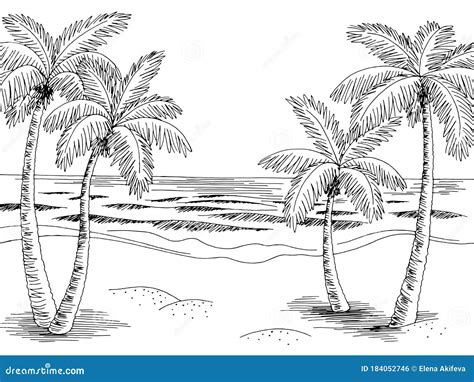 Sea Coast Graphic Beach Black White Landscape Sketch Illustration Vector Stock Vector ...