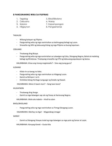 8 Pangunahing WIKA SA Pilipinas - 8 PANGUNAHING WIKA SA PILIPINAS Tagalog 5. Bikol/Bikolano ...