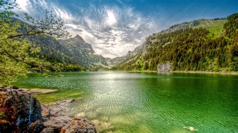 nature, Landscape, Lake, Mountain, Forest, Clouds, Summer, Emerald, Water, Switzerland ...