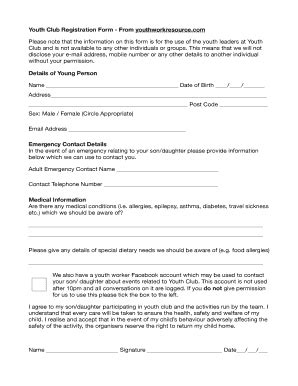 Youth Club Registration Form - From Youthworkresource.com ... - Fill and Sign Printable Template ...