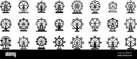 Ferris wheel icons set. Set of ferris wheel silhouette icons showing different observation ...