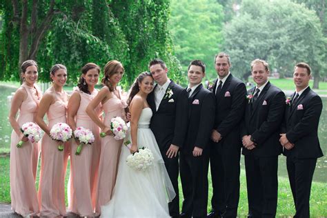 Pale Pink Bridesmaids Dresses and Black Groomsmen Tuxedos