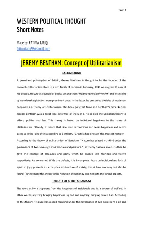 (PDF) JEREMY BENTHAM: Concept of Utilitarianism | Fatima Tariq ...