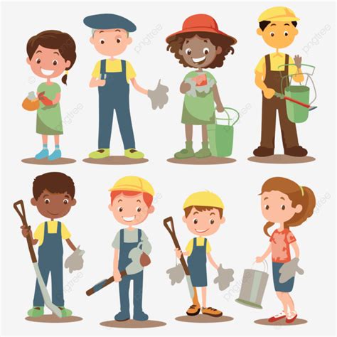 Community Service, Sticker Clipart Vector Set Of Children Working With ...