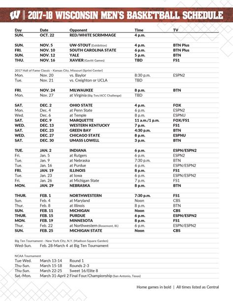 Badger Basketball Schedule Printable