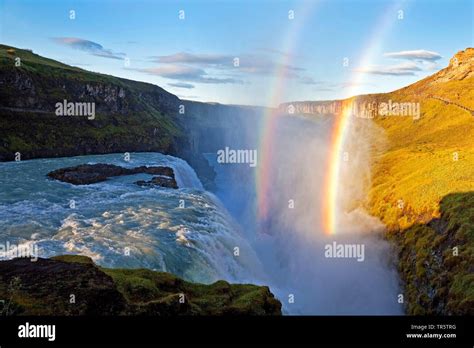 gullfoss waterfall and double rainbow, Golden Circle, Iceland, Haukadalur, Gullfoss Stock Photo ...