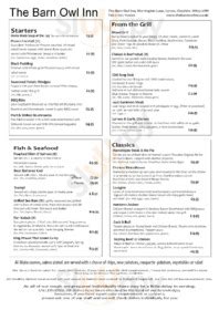 The Barn Owl Inn, Lymm - Warrington Lane - Menu and Prices