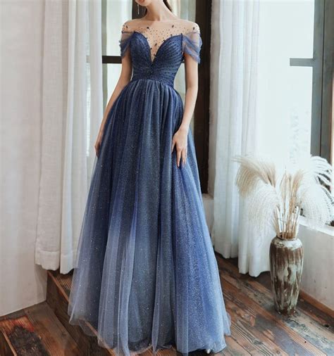 Blue Starry Prom Dress Glitter Evening Dress Deep V Bridal | Etsy in 2020 | Banquet dresses ...