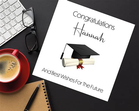 congratulations to hannah and her best wishes for the future with coffee, eyeglasses, notebook ...